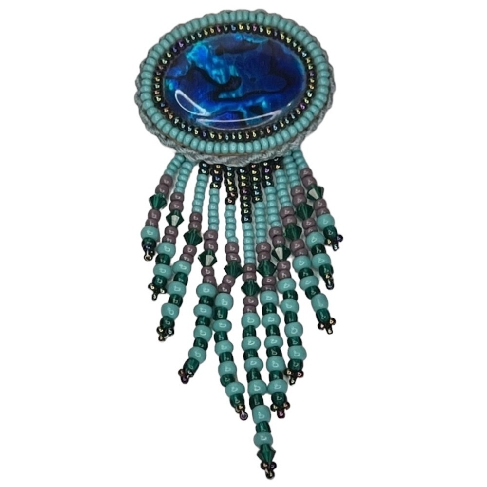 Vintage Seed Bead Southwestern Lapel Pin Handmade Fringe Blue